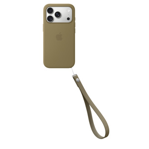 Wrist Strap, olive color (dark yellowish-green), attached to bottom right of iPhone 18 Pro Silicone Case in matching color and iPhone 18 Pro in silver color