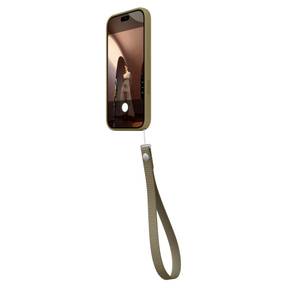Wrist Strap, olive color (dark yellowish-green), attached to bottom right of iPhone 18 Pro Silicone Case in matching color, side exterior, case covers all outer edges, raised silicone side button and flush Camera Control button, Camera app on screen, Camera Control button active