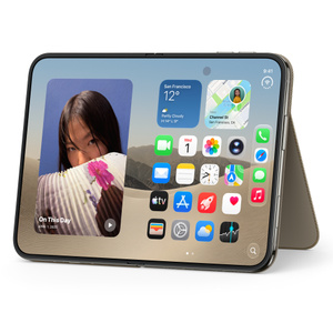 Kouřové (hnědošedé) folio se stojánkem na iPhone Duo, otočené na šířku, pohled na úplně rozevřený vnitřní displej, vyklopený stojánek