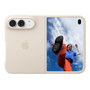 iPhone Duo Case in sand color (light tan), landscape orientation, fully unfolded, back exterior, embedded Apple logo in center, iPhone Duo in star white color visible through camera cutout, case covers the back exterior and outer edge of the front exterior display
