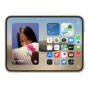 iPhone Duo Case in sand color (light tan), landscape orientation, fully unfolded, interior display, case covers top, bottom, and side edges, exposed right side edge cutout