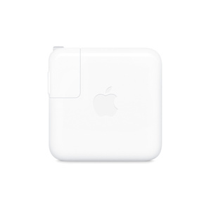 Adaptador de corriente cuadrado con las esquinas redondeadas, blanco, con el logo de Apple en el centro