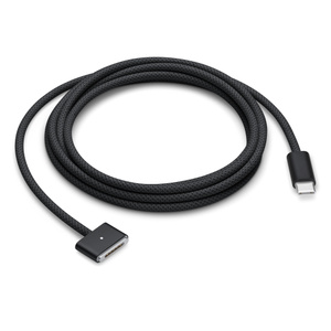 USB-C to MagSafe 3 cable, 2 meter, coiled, Space Black woven design, magnetic MagSafe 3 connector and USB-C connector in matching Space Black.