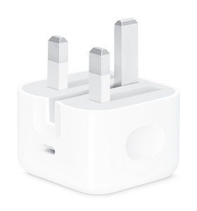 20 watt USB-C Power Adapter, white color, Type G plug, pins folded out, USB-C port