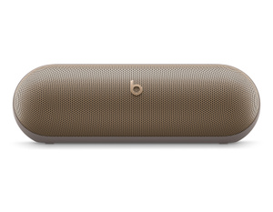 Front view of the Beats Pill Bluetooth® Speaker in Champagne Gold, featuring a 20-degree upward tilt for optimal sound delivery.