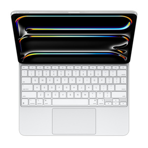 iPad Pro attached to Magic Keyboard, White, white keys with grey text, inverted T arrow keys, function key row, built-in trackpad