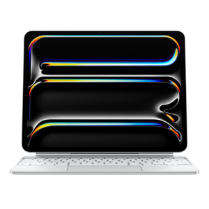 iPad Pro attached to Magic Keyboard in landscape orientation, iPad Pro is hanging over the keys, White