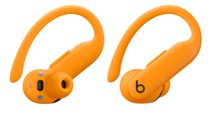 Powerbeats Pro 2 wireless earbuds in Electric Orange, with flexible secure-fit earhooks, on-ear buttons and tactile volume rockers.