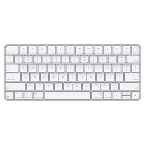 Magic Keyboard with Touch ID, white keys, silver aluminium structure, round Touch ID sensor, full-height function keys, half-height up and down arrow keys