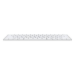 Magic Keyboard with Touch ID, front showing thinness, white keys, silver aluminium structure, full-height function keys, half-height up and down arrow keys