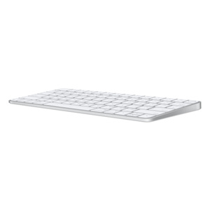 Magic Keyboard with Touch ID, white keys, silver aluminium structure, angled view showing slight slope of keyboard