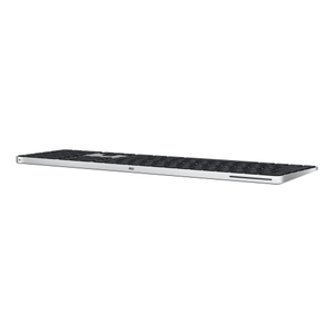 Magic Keyboard with Touch ID and Numeric Keypad, back with power switch and USB-C charging port, black keys, silver aluminium structure, round Touch ID sensor