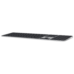 Magic Keyboard with Touch ID and Numeric Keypad, angle showing slight slope of keyboard, black keys, silver aluminium structure, round Touch ID sensor, full-height function keys, half-height up and down arrow keys