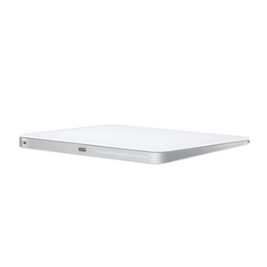 Magic Trackpad, white multi-touch surface, back with power switch and USB-C charging port, wedge shape, silver aluminium body