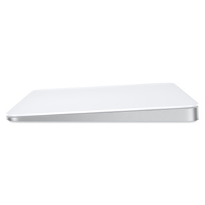 Magic Trackpad, white multi-touch surface, side, wedge shape, silver aluminium body