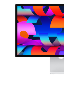 Studio Display, rectangular screen, standard glass, low reflectivity, thin black bezels, silver color stand