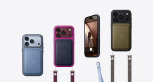iPhone Accessories: FineWoven MagSafe Wallet in wildflower blue colour (greyish-blue) attached to iPhone 18 Pro Silicone Case with MagSafe in chambray blue colour (medium blue), iPhone 18 Pro in glacier colour (light blue) visible through camera cutout. FineWoven MagSafe Wallet in navy colour and Crossbody Strap in burgundy colour (dark red) attached to iPhone 18 Pro Silicone Case with MagSafe in magenta colour (medium purplish-red), iPhone 18 Pro in burgundy colour (dark red) visible through camera cutout. Wrist Strap in crisp blue colour (light blue), attached at bottom right of iPhone 18 Pro Silicone Case in navy blue colour, iPhone 18 Pro front exterior visible. FineWoven MagSafe Wallet in olive colour (medium green) and Crossbody Strap in light gray colour attached to iPhone 18 Pro Silicone Case with MagSafe in black colour, iPhone 18 Pro in black colour visible through camera cutout