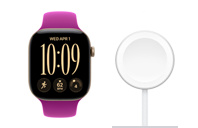 Apple Watch Series 12, hliníkové pouzdro, světle zlatá barva, displej od okraje k okraji, sportovní řemínek, magentová barva; s magnetickou rychlonabíječkou k Apple Watch, okrouhlý magnetický konektor, opletený kabel, bílá barva