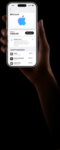 iPhone in hand, Wallet app active, Apple Account balance of $500, text reads: Ready to use, Pay with your iPhone in the Apple Store, shop online or buy apps, subscriptions and other services. Latest Transactions: Apple $25, Added to balance +$50, Apple Store $150