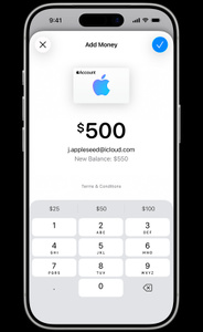 Wallet app active, Add Money screen, $500 to be added, New balance of $550 for account j.appleseed@icloud.com