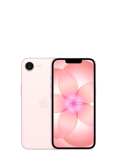 Achterzijde van iPhone&nbsp;17e in de kleur zachtroze, Fusion-camerasysteem, Apple logo in het midden, voorkant, all-screendesign, uitsparing met TrueDepth-camera, dunne zwarte displayrand, ronde hoeken, rechte zijkanten