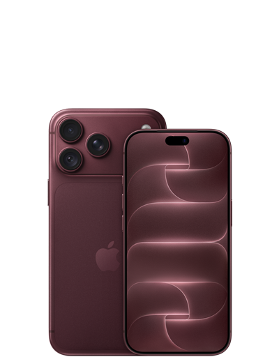 iPhone 18 Pro Max en iPhone 18 Pro: iPhone 18 Pro Max, achterkant, kleur bordeauxrood (donkerrood), Pro Fusion-camerasysteem bovenaan, Apple logo in het midden, iPhone 18 Pro, voorkant, all-screendesign