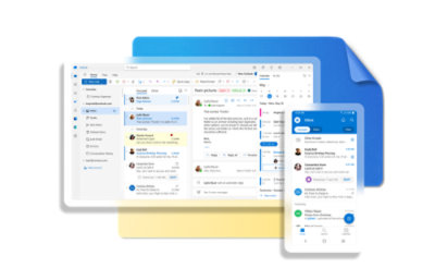 显示 Outlook 收件箱的桌面设备和移动设备屏幕截图