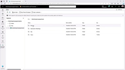 Power BI 中显示数据、文件和文档的市场营销活动分析界面。