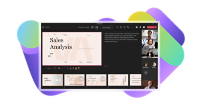 A Sales Analysis presentation being given over a Teams video call with multiple presenters.