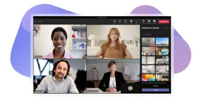 A Teams video call with a panel on the right showing Background settings and options.
