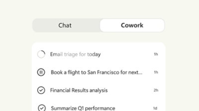 Cowork 选项卡，展示 AI 辅助的任务建议及预计完成时间。