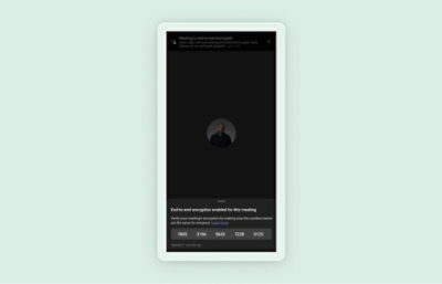 A smartphone screen displays a meeting interface with end-to-end encryption enabled.