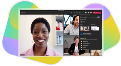 A Teams video call with the content sharing options open over the call.