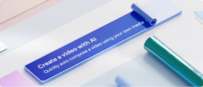带文本“使用 AI 制作视频。使用你自己的媒体快速自动合成视频”的蓝色横幅。