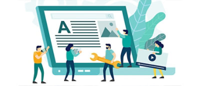 Illustration of three people working on a large laptop screen, one holding a wrench