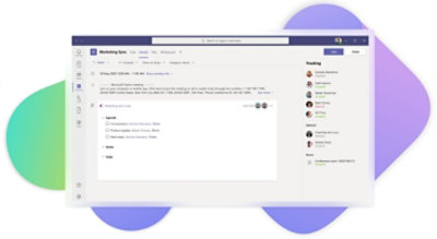 Details for a Marketing Sync meeting in Teams including an agenda and a OneNote file attached.
