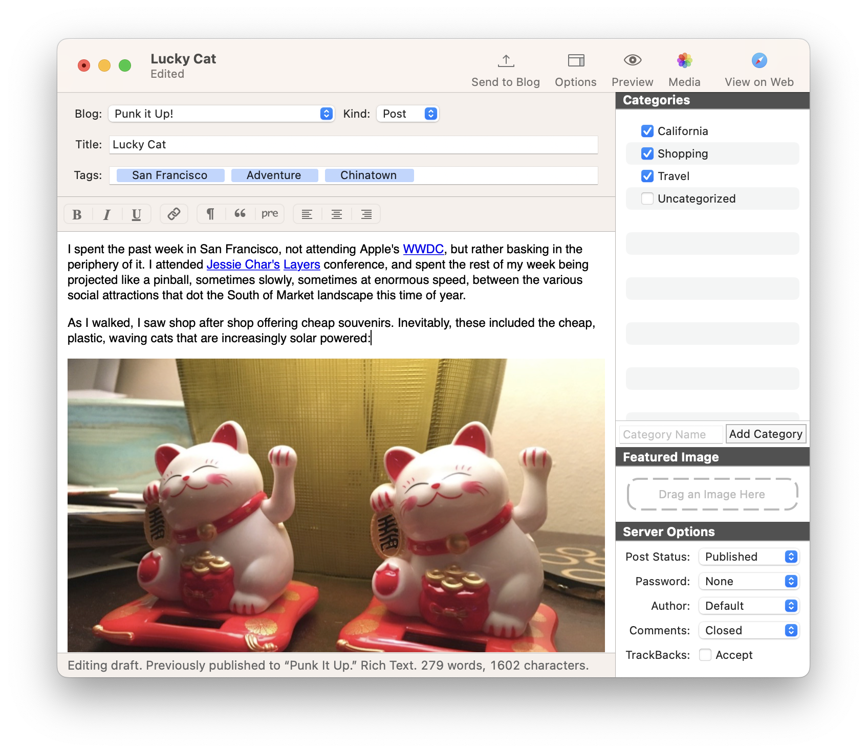 Screenshot of MarsEdit&rsquo;s main window.