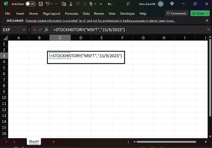 Excel worksheet showing STOCKHISTORY function to retrieve historical stock prices