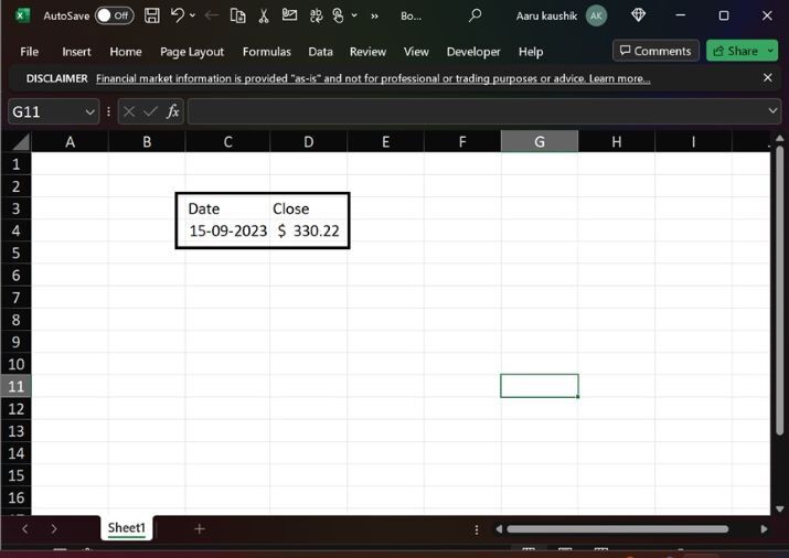 STOCKHISTORY function example with parameters for stock symbol, start date, and end date