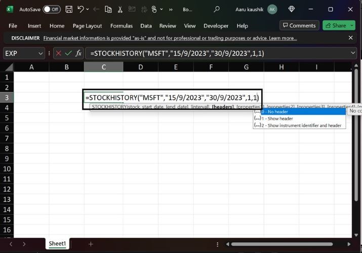 Excel output displaying historical stock price data fetched using STOCKHISTORY function