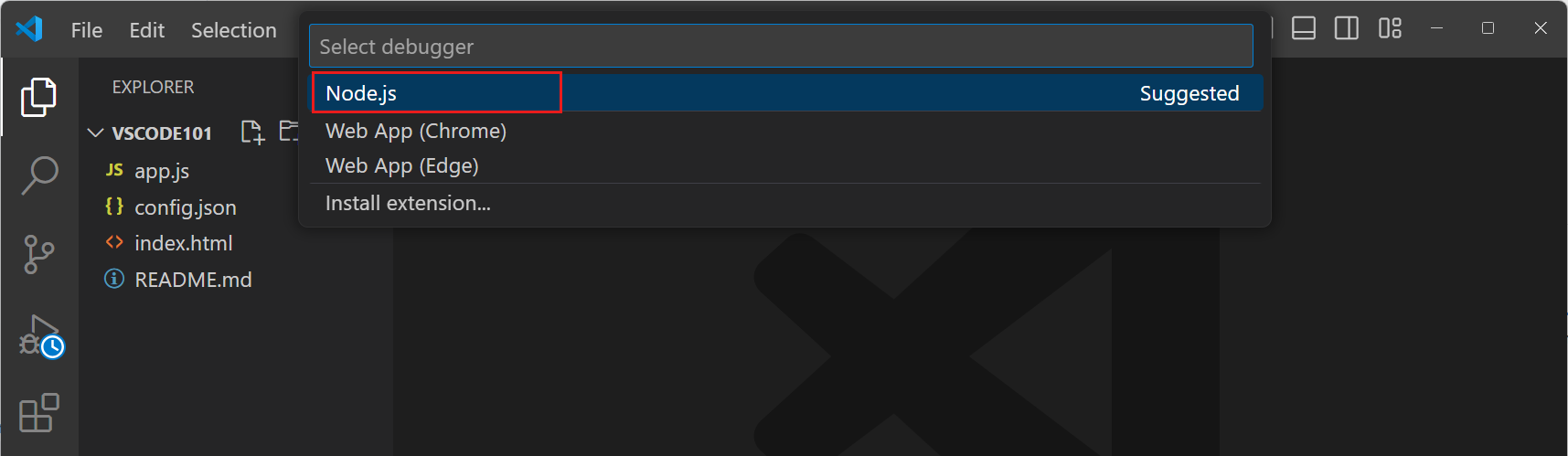 Screenshot of VS Code with the Debugger quick pick to select the target environment.