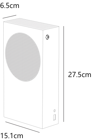 A diagram of the XBOX Series S showing the dimensions of the XBOX Series S: Height is 27.5 centimeters, width is 15.1 centimeters, and depth is 6.5 centimeters