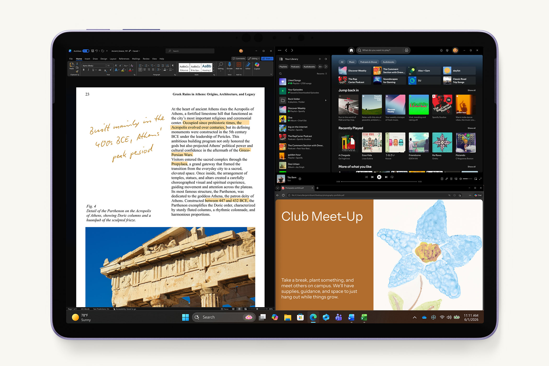 12‑inch Surface Pro in violet displaying a split-screen layout with a Word document on the left and multiple apps on the right